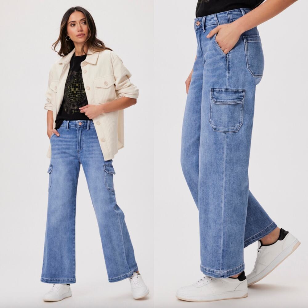 Paige Blue Medium Wash Carly Cargo Jeans Women's Size 27 EUC High Rise Wide Leg